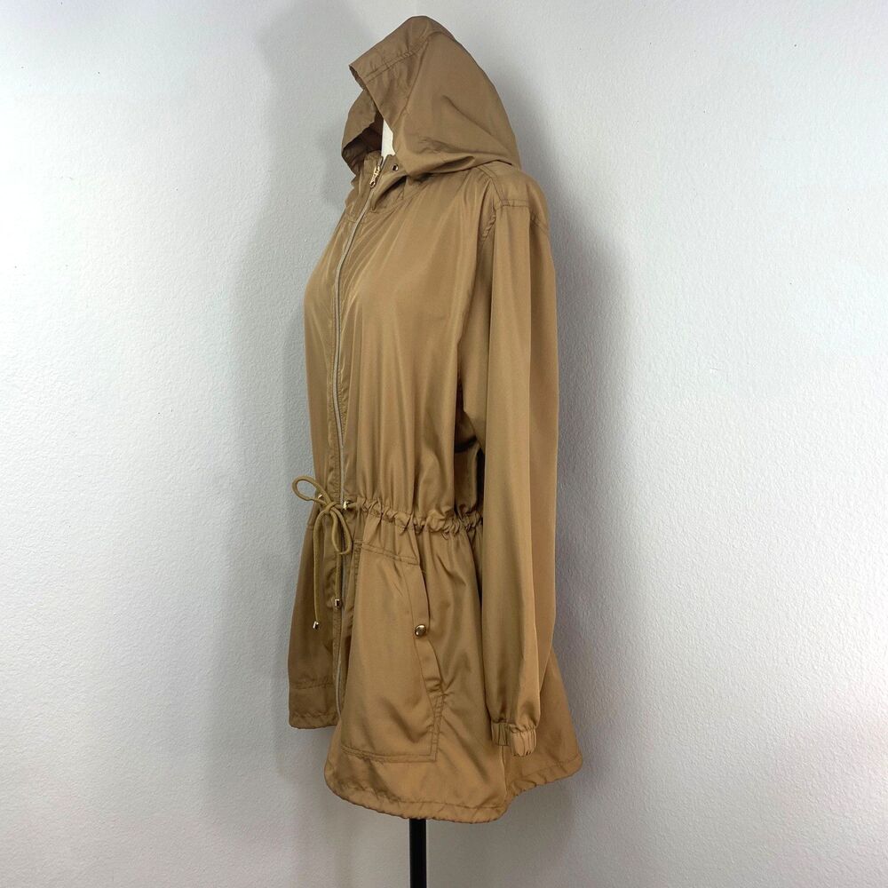 Primark Tan Long Hooded Windbreaker Jacket XL 14/16 Pockets Waist Tie Zip Front